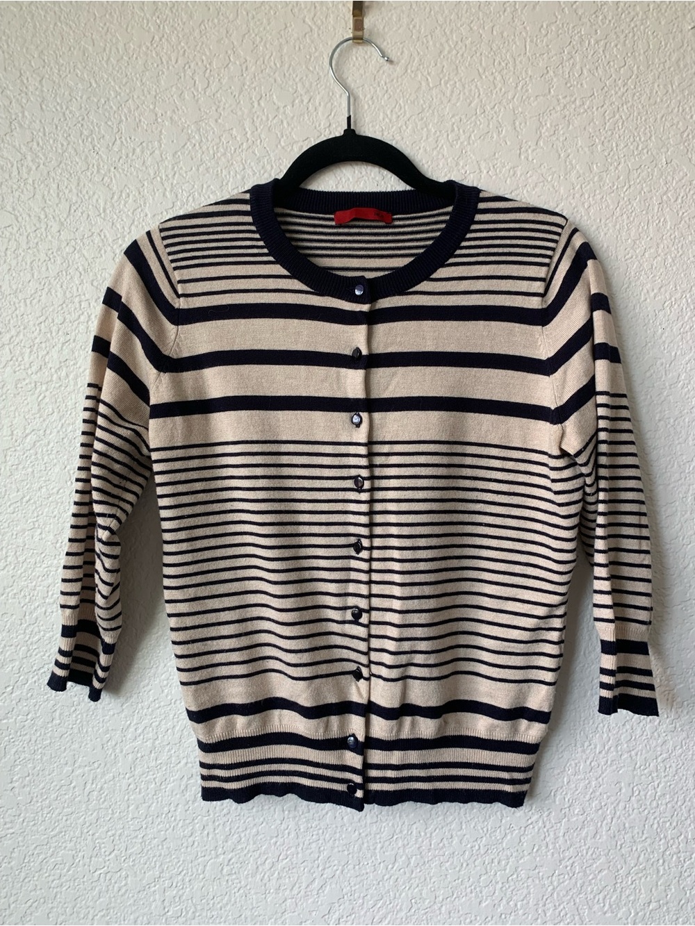 Red Striped Navy and Cream Women's Button-Front Cardigan